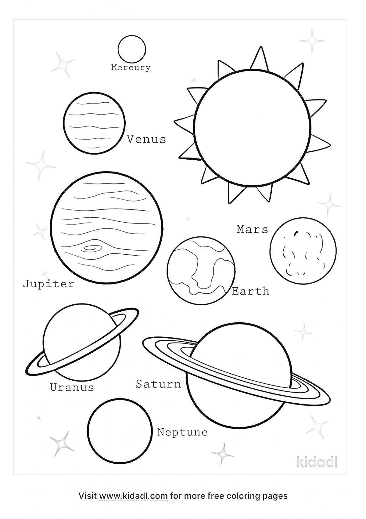 Раскраска Планеты солнечной системы: Меркурий, Венера, Земля, Марс, Юпитер, Сатурн, Уран, Нептун и Солнце