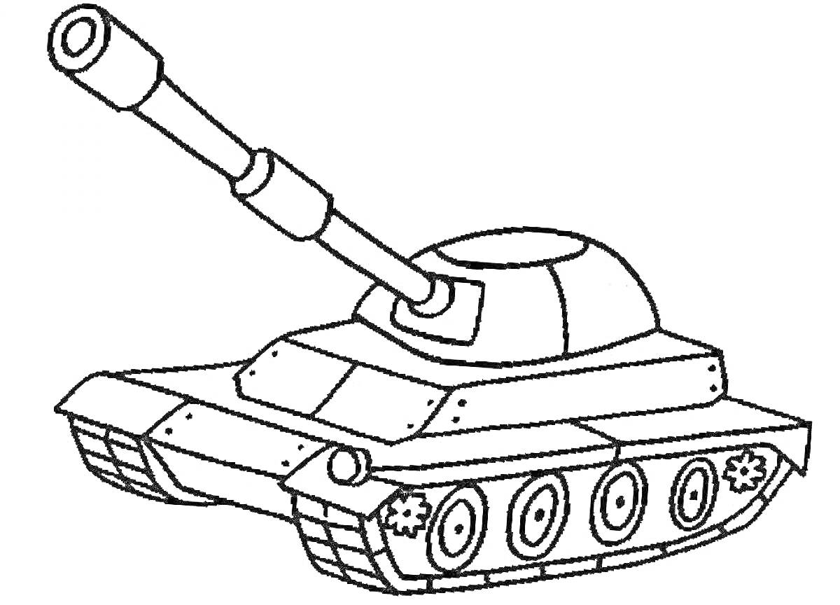 Раскраска Раскраска с изображением танка с длинным стволом, башней, корпусом и гусеницами