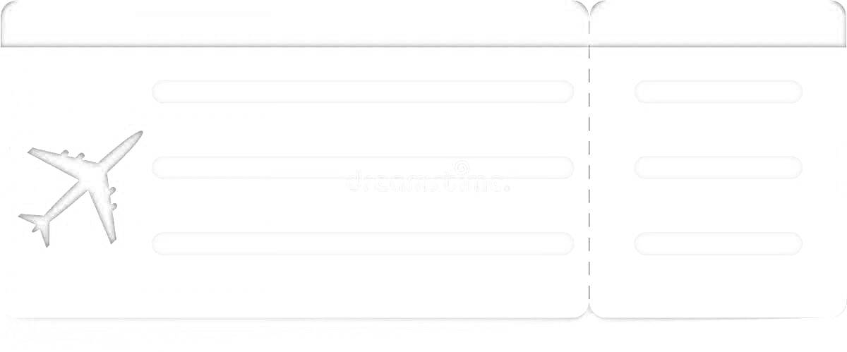 Раскраска Билет на самолет с изображением самолета и полями для информации о рейсе