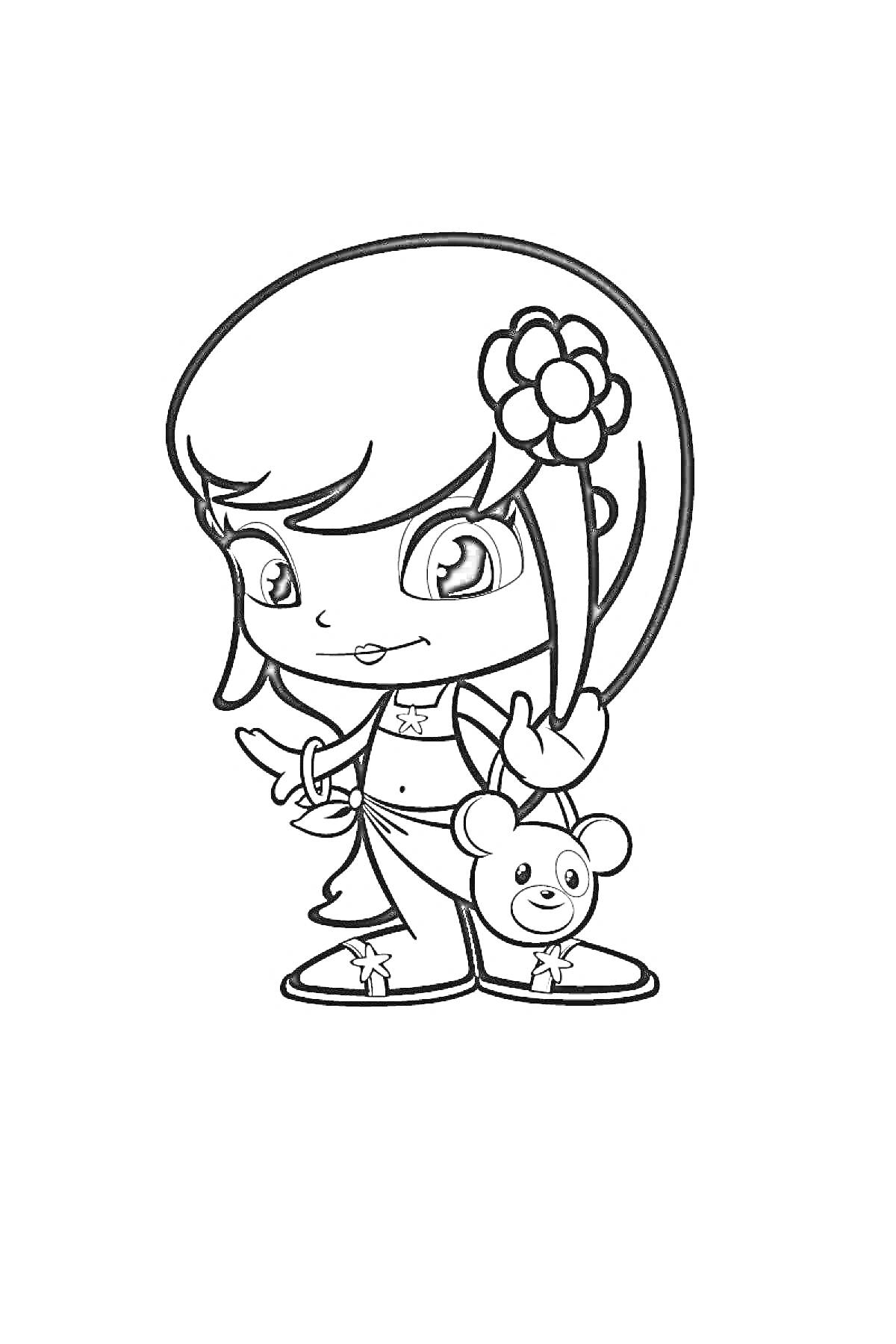 Раскраска Девочка Пинипон с цветком в волосах и плюшевым мишкой в руках