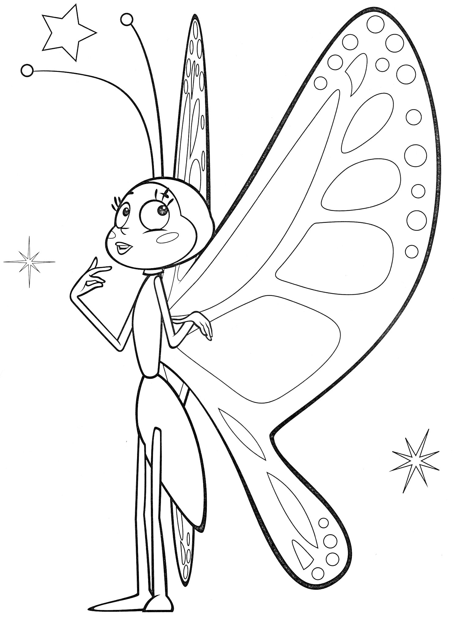 Раскраска Бабочка в мультяшном стиле с большими крыльями и звездами
