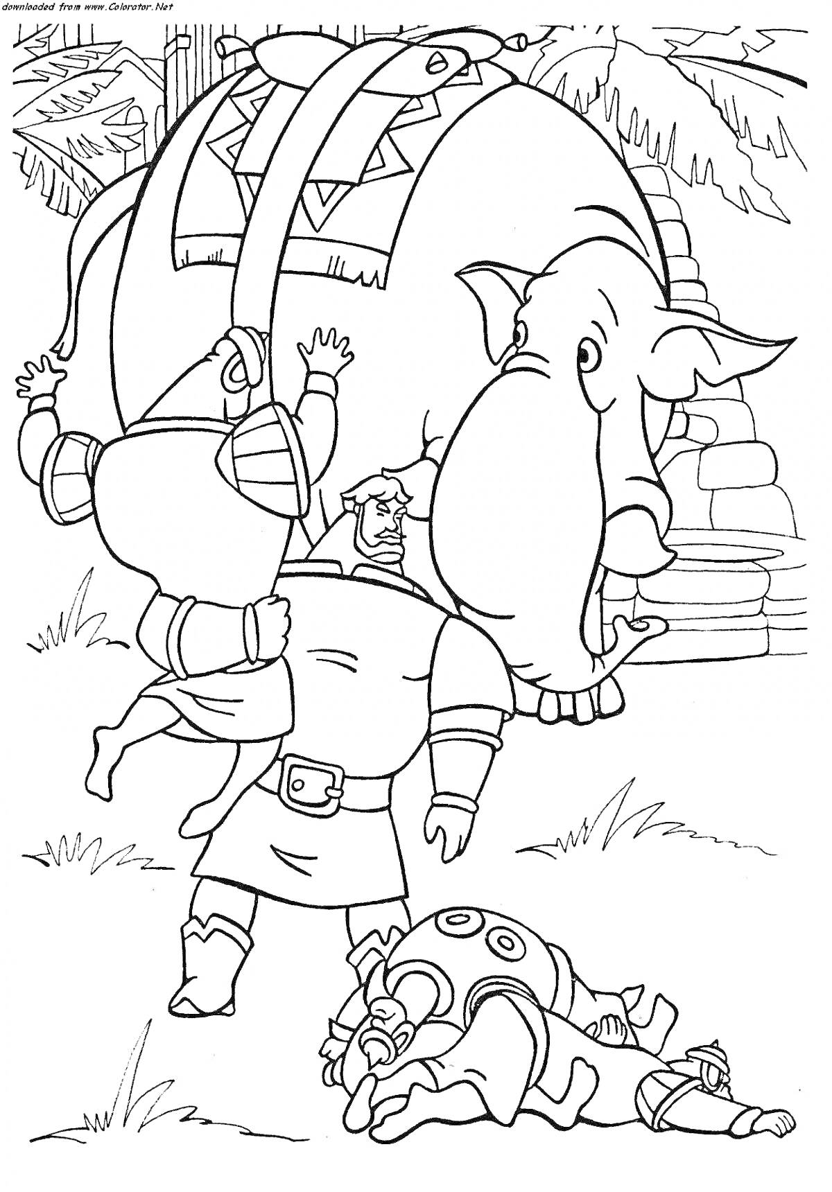Раскраска Илья Муромец, держащий слона, Соловей Разбойник, лежащий на земле, пальмы на заднем плане