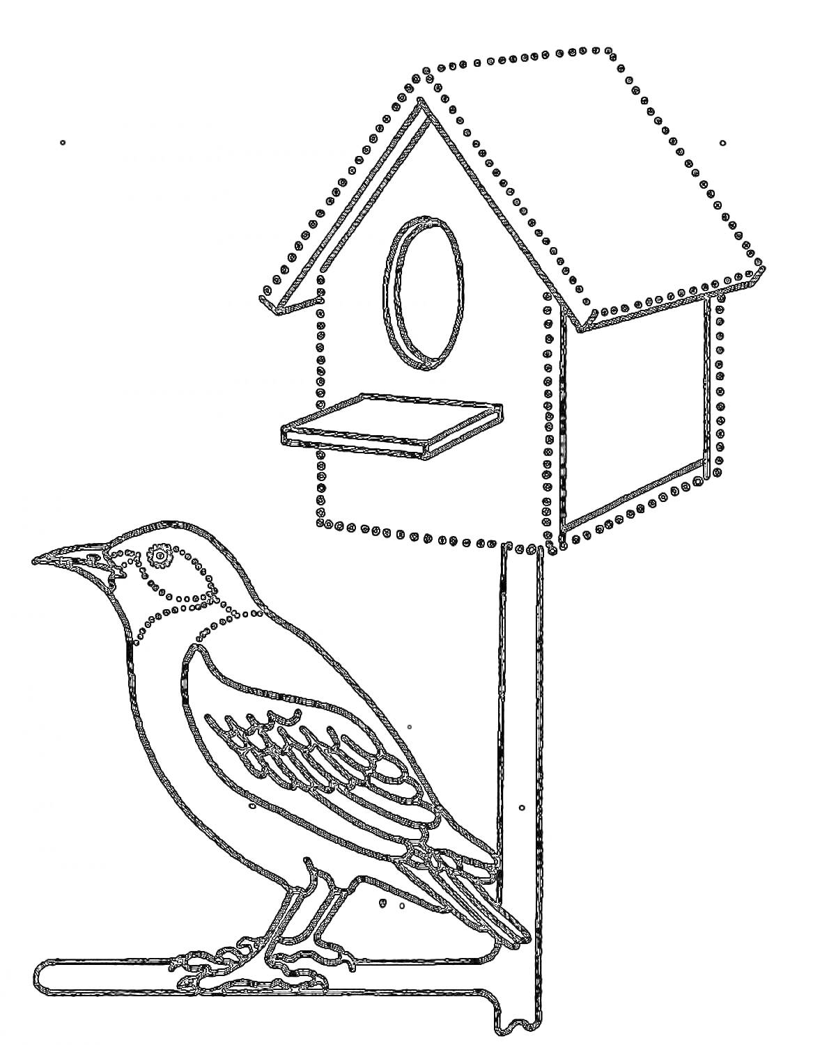 На раскраске изображено: Скворечник, Птица, Ветка, Для детей, 3-4 года