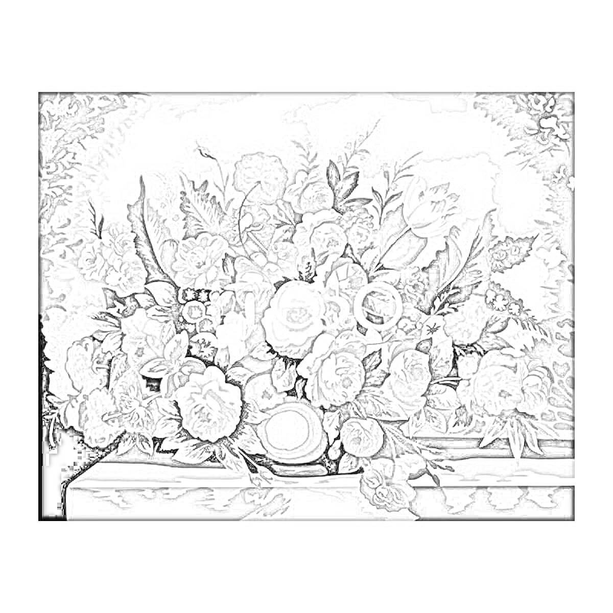 Раскраска Натюрморт с красивым букетом цветов в вазе