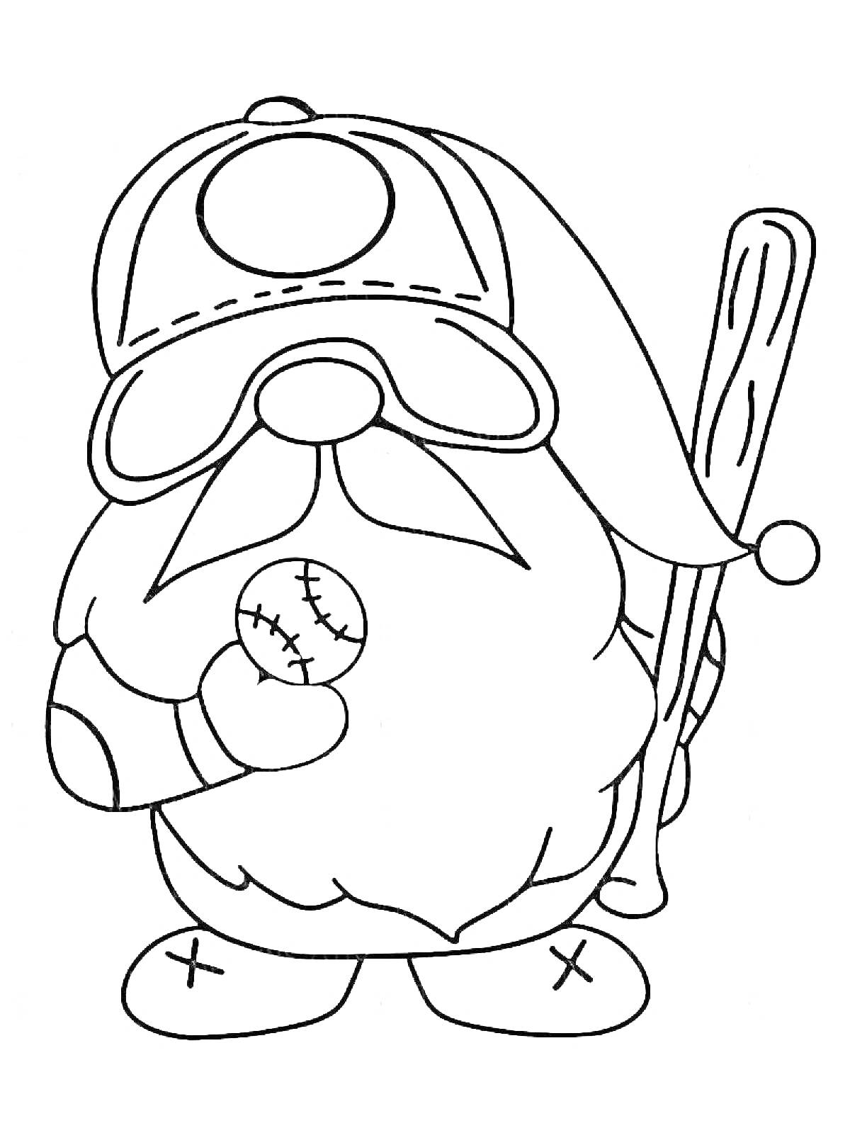 Раскраска Гномик с бейсбольной битой и мячом