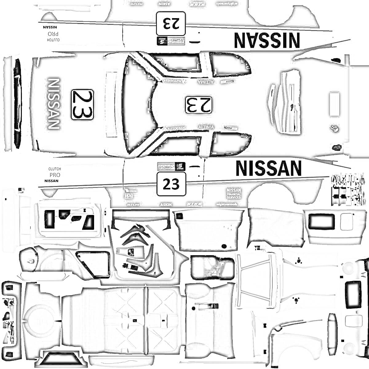 Раскраска Автомобильный гоночный ливрейный комплект с номером 23 и логотипом Nissan