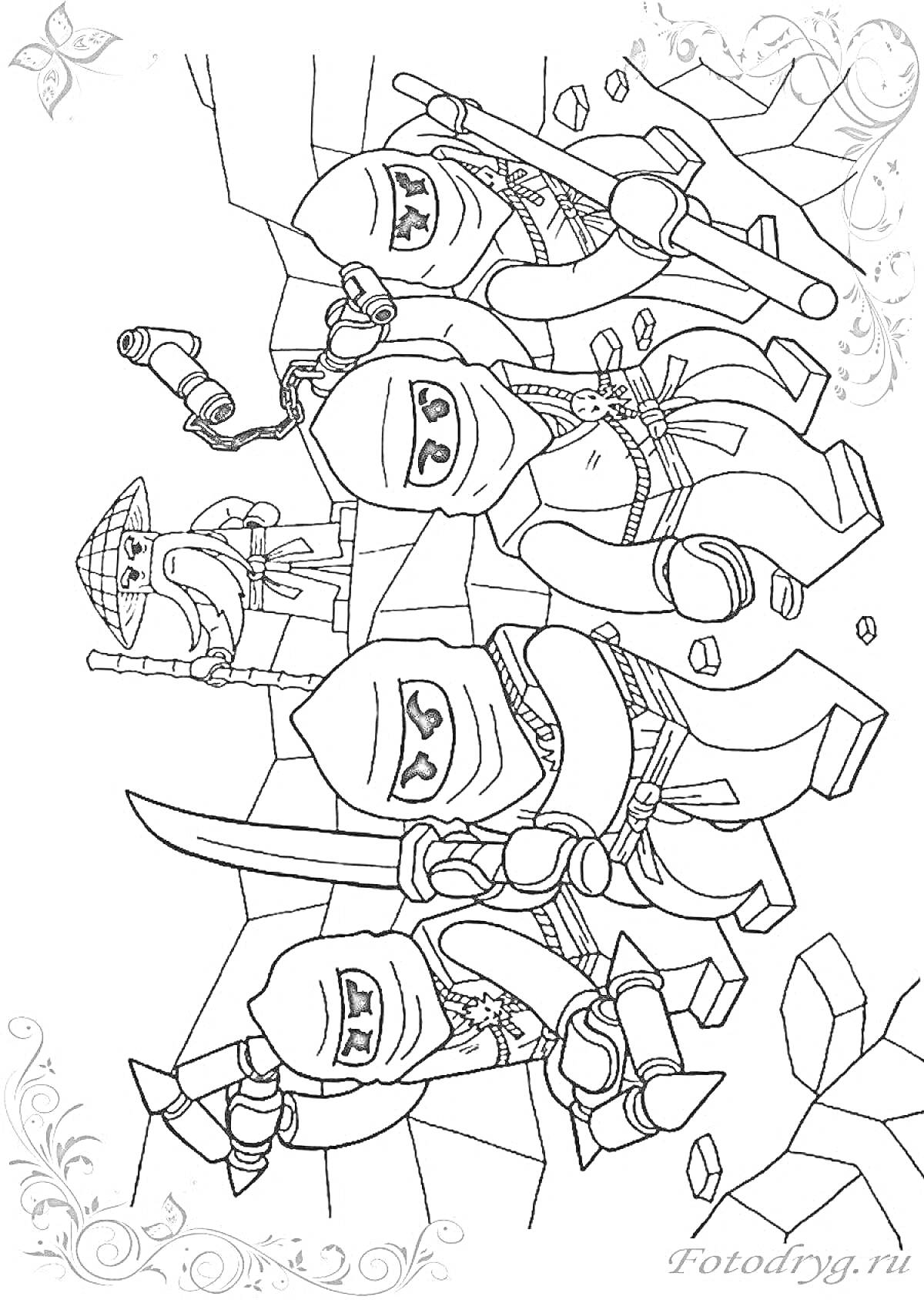 Раскраска Четыре ниндзя с оружием и шестом среди камней, фонарик, человек в шляпе с шестом