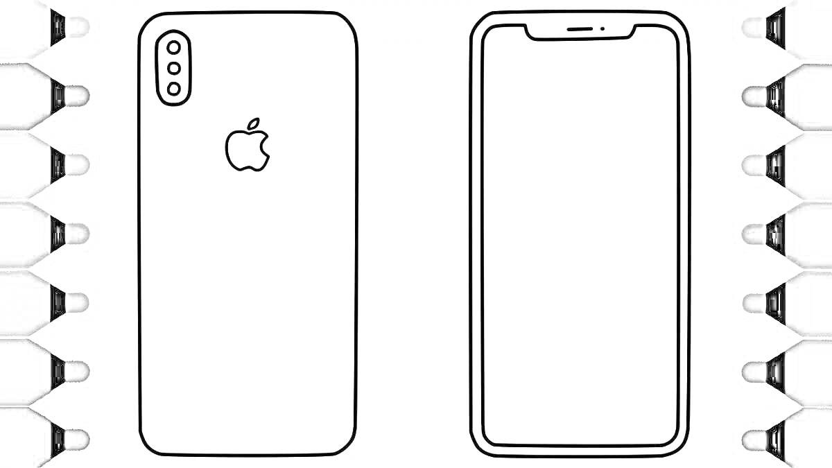 Раскраска Двусторонний телефон с логотипом яблока, тройной камерой сзади и экраном с вырезом спереди, окруженный карандашами