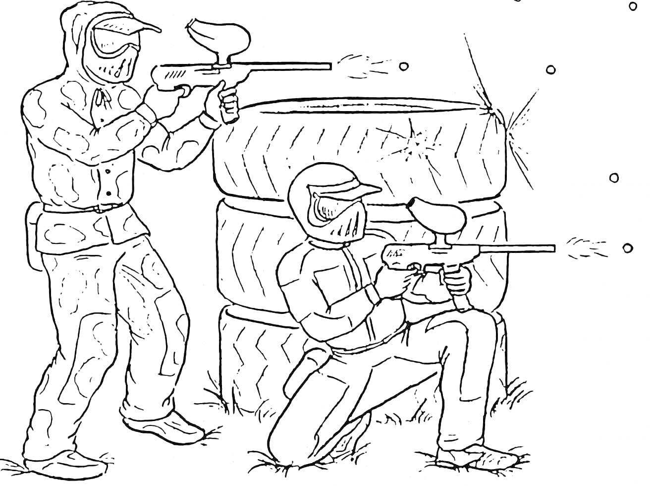 Раскраска Игра в пейнтбол - два игрока с ружьями, спрятанные за покрышками