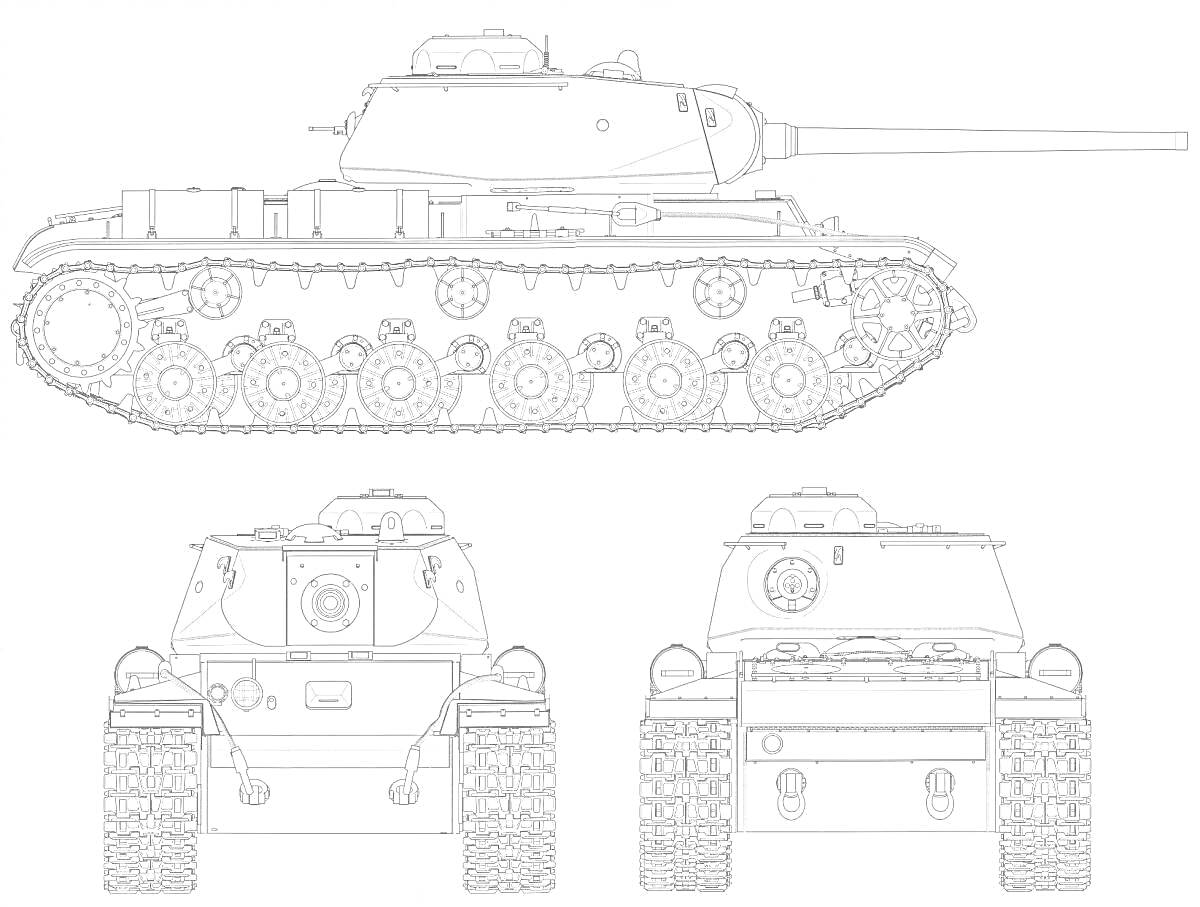 На раскраске изображено: Танк, ИС-2, Военная техника, Задняя проекция, Передняя проекция, Техника, Тяжелый танк