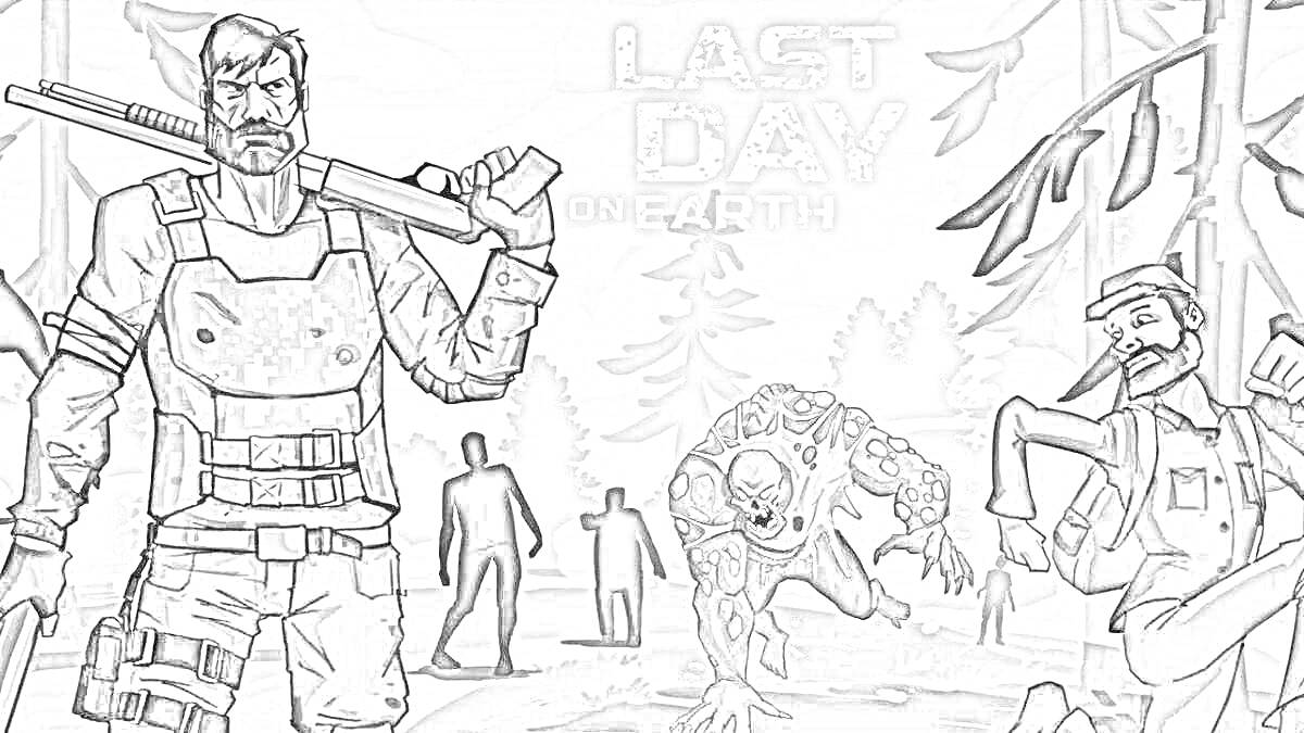 Раскраска Два мужчины с оружием и зомби на фоне леса