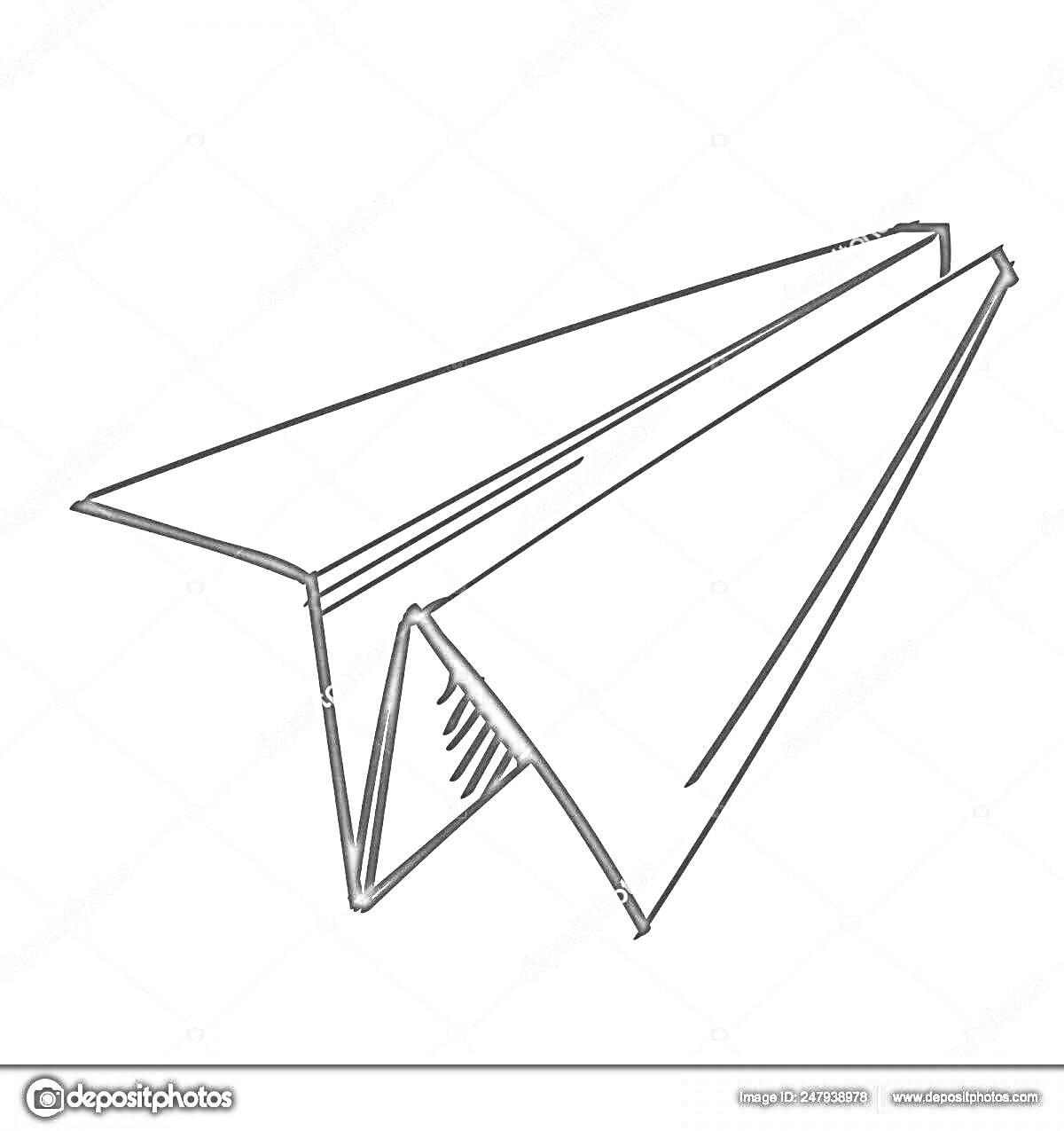Бумажный самолетик в черно-белом контуре, изометрический вид
