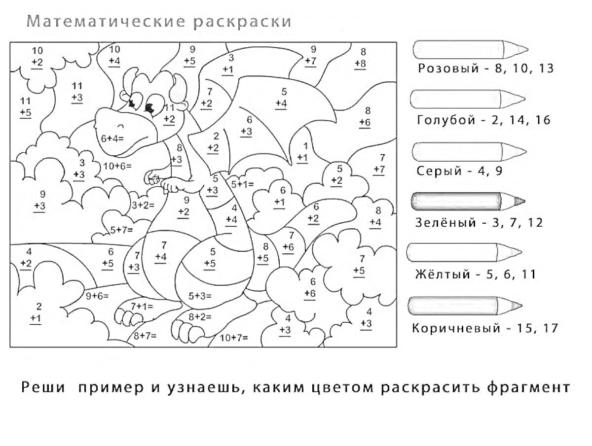 На раскраске изображено: Дракон, Облака, Математика, Первый класс, По номерам, Арифметика, Учеба