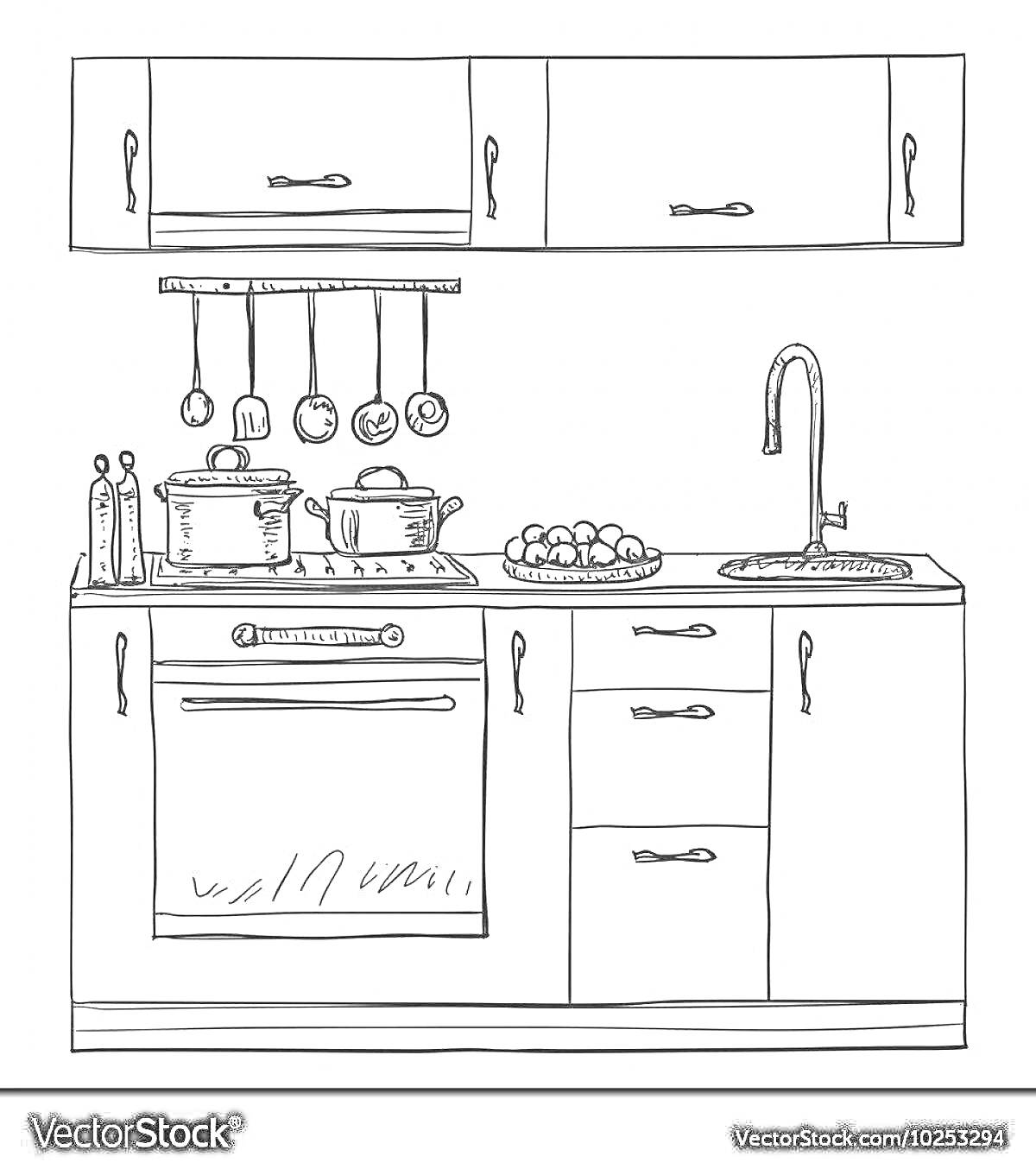 На раскраске изображено: Кухонный шкаф, Кухонная мебель, Посуда, Кастрюли, Сковорода, Раковина, Кран, Ящики, Полки, Кухонная утварь