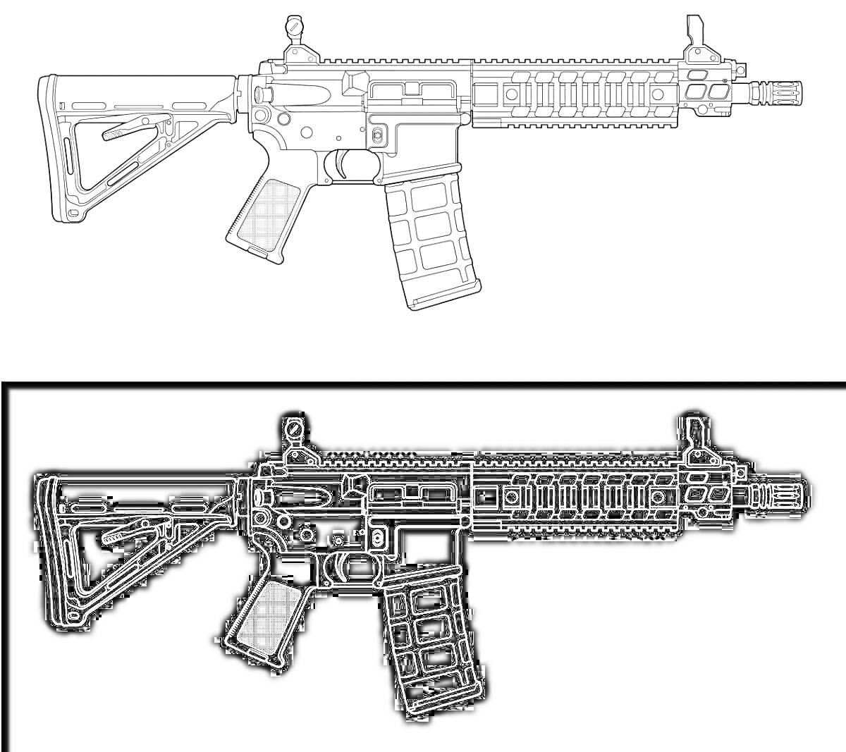 Раскраска Изображение штурмовой винтовки M416 с тактическим прикладом, магазином, пистолетной рукояткой и планкой Пикатинни, в двух вариантах - черно-белый контур и инвертированный черно-белый контур.