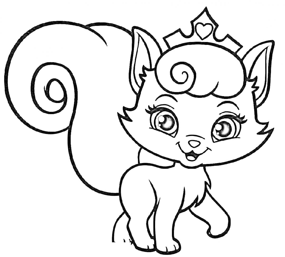 Раскраска Кошечка с короной, большие глаза, пушистый хвост