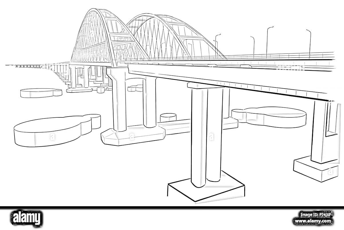 Раскраска Крымский мост с арочными пролетами и автомобильной дорогой на опорах через водное пространство