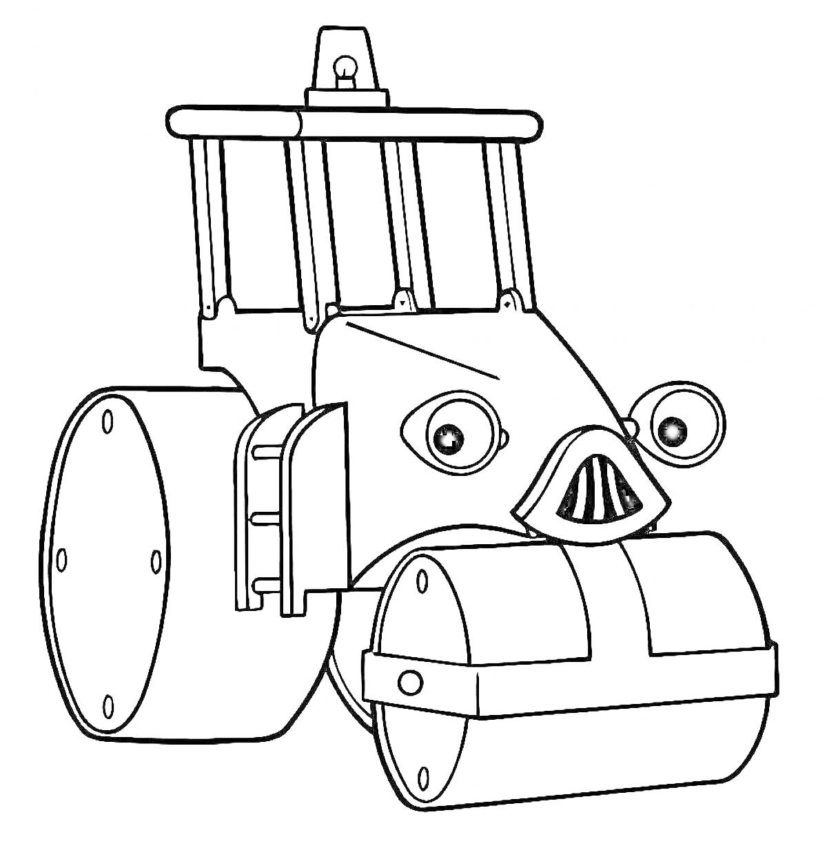 На раскраске изображено: Каток, Строительная техника, Большие колеса, Глаза