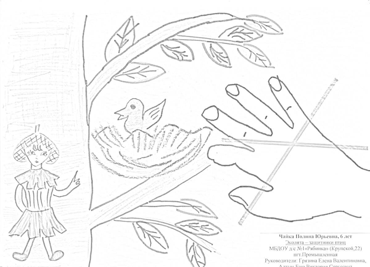 На раскраске изображено: Девочка, Птица, Гнездо, Рука, Листья
