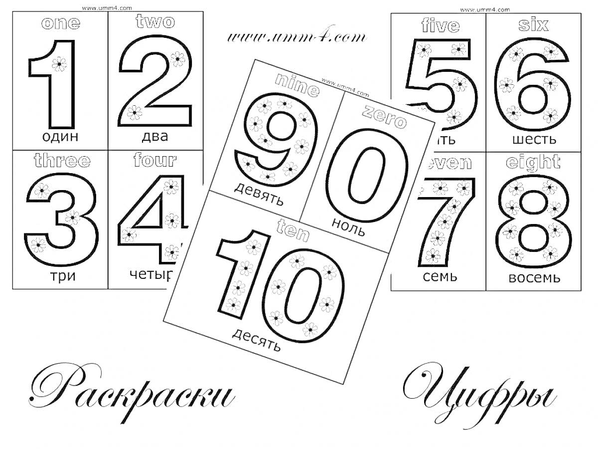 Раскраска Раскраска с цифрами от 1 до 10 с русскими подписями (один, два, три, четыре, пять, шесть, семь, восемь, девять, ноль), сайт mm1-r.com, надписи 