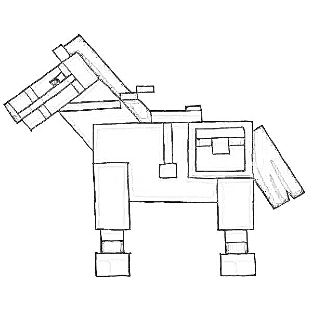На раскраске изображено: Майнкрафт, Лошадь, Седло, Пиксельная графика, Блоки