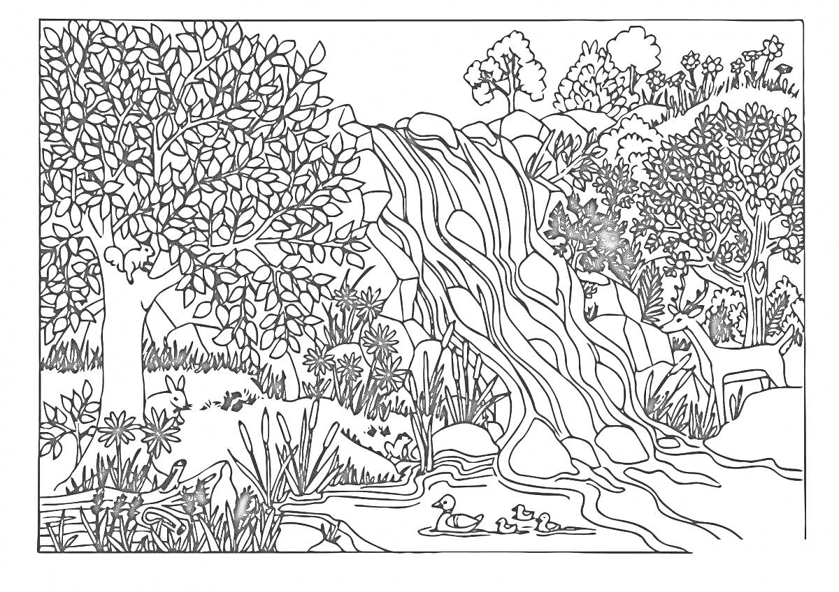 Раскраска Пейзаж с водопадом, деревьями и утками в реке