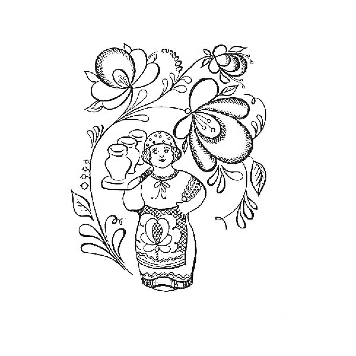 Женщина с кувшином на фоне цветочного орнамента в стиле Гжель