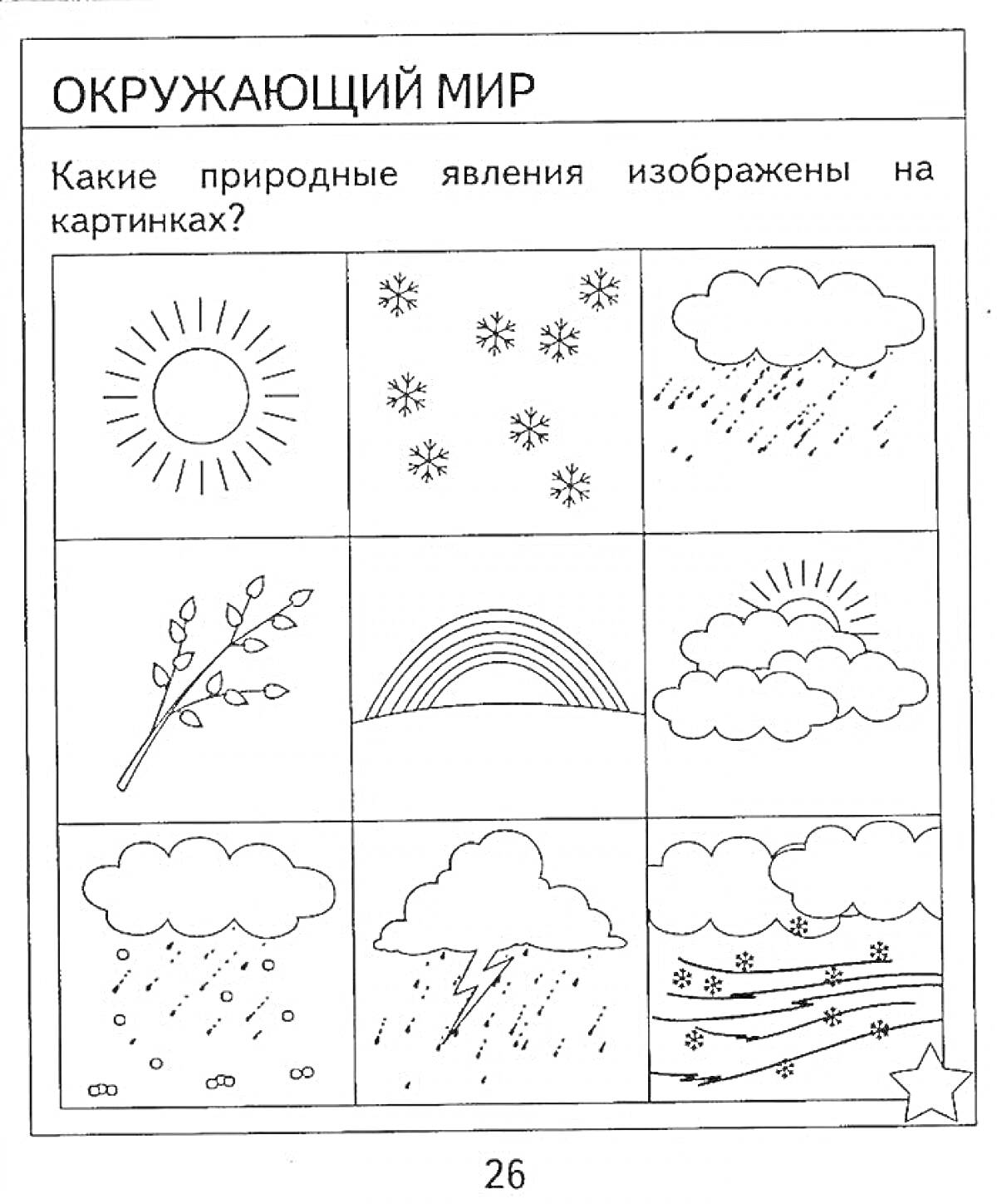 На раскраске изображено: Природа, 1 класс, Солнце, Снег, Дождь, Облака, Гроза, Ветер