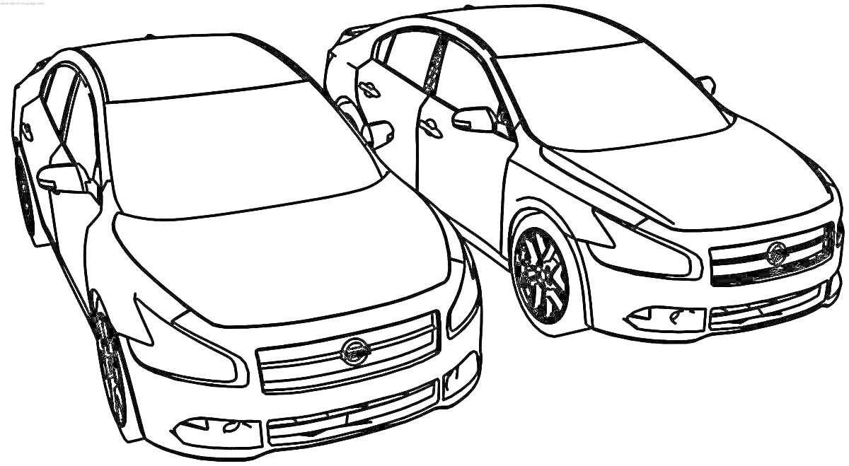 Раскраска Два автомобиля Ниссан Альмера, вид спереди и сбоку
