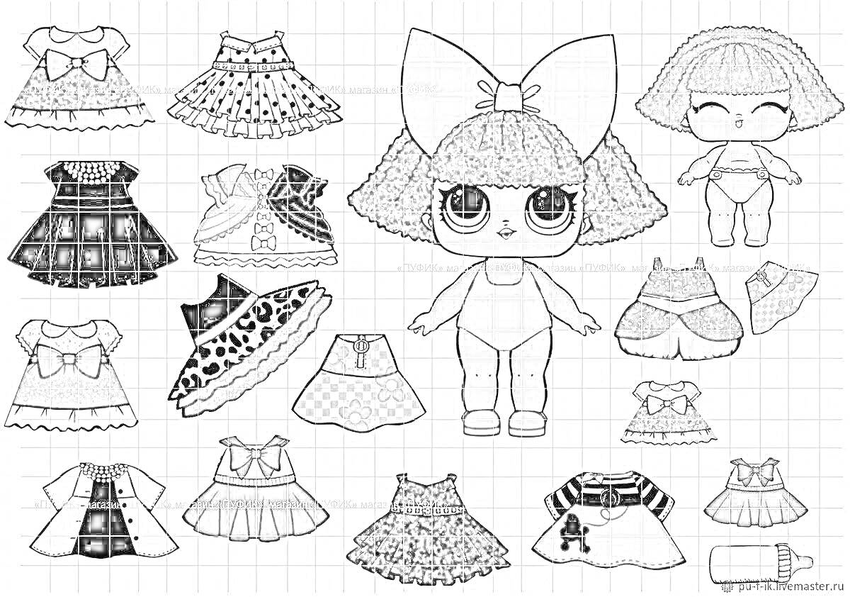 Раскраска Бумажные куклы ЛОЛ с набором нарядов и аксессуаров (одежда, бантики, юбки, платья, туфли)