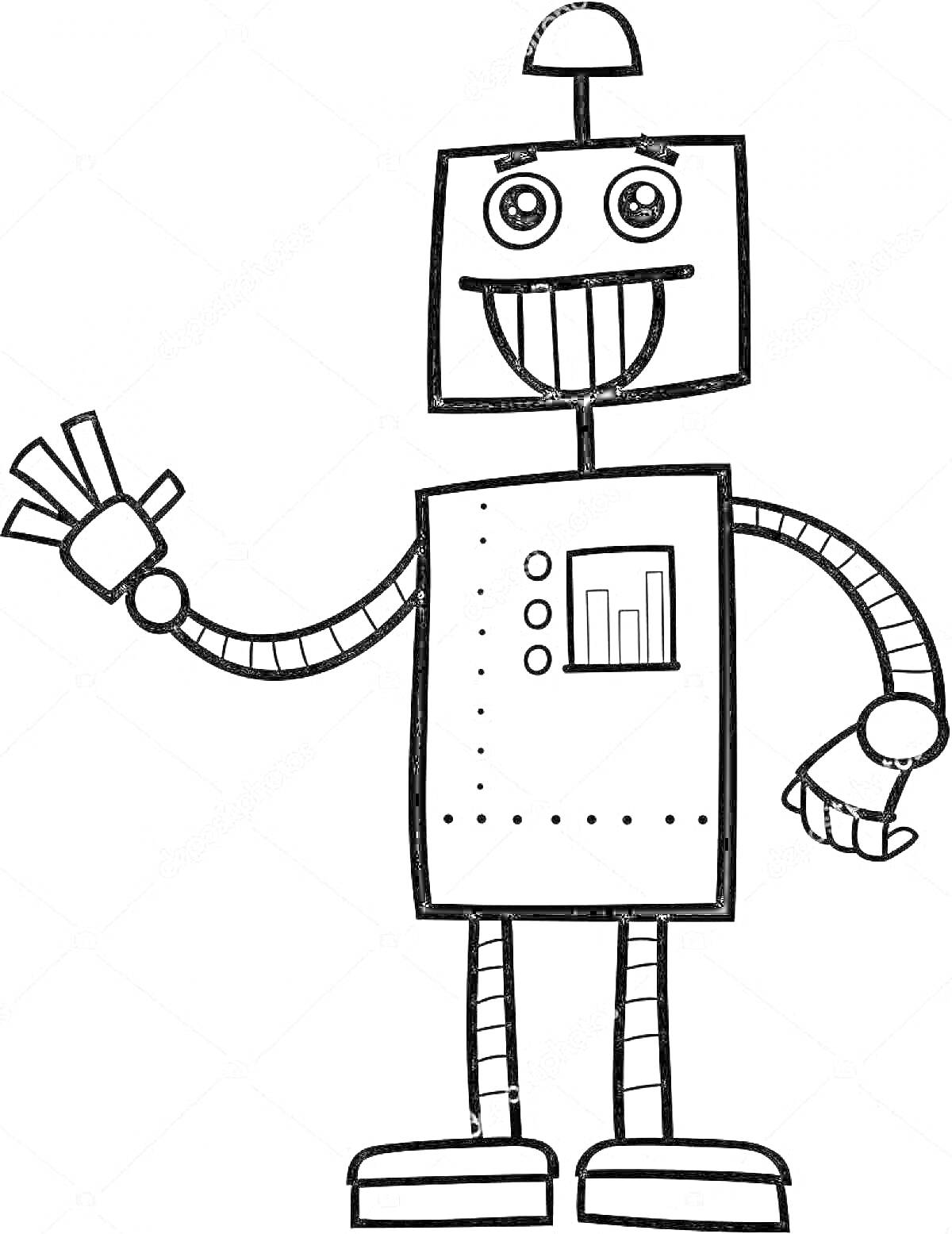 На раскраске изображено: Робот, Учитель, Квадратная голова, Панель, Кнопки, График, Техника, Школа