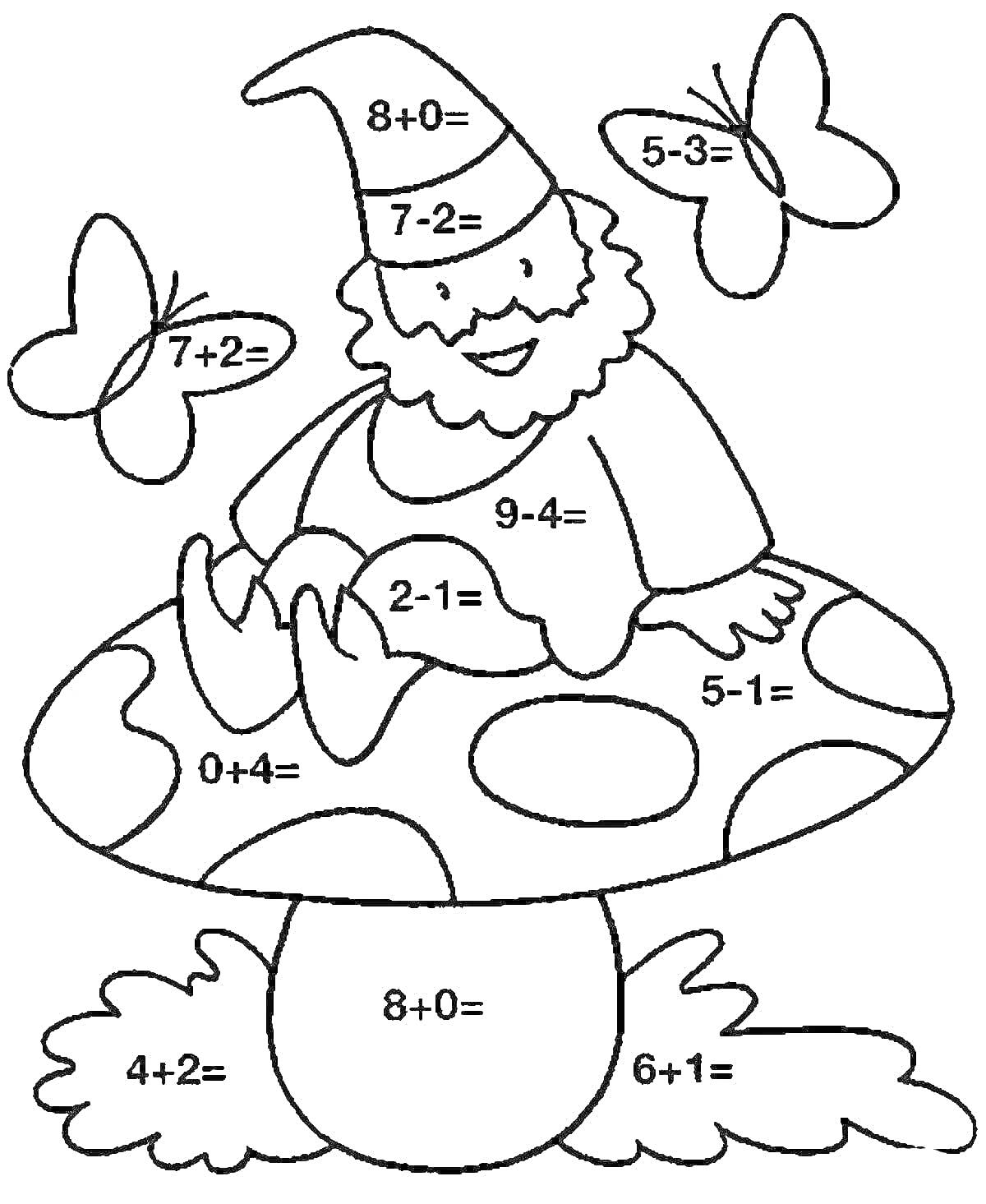 На раскраске изображено: Гном, Математика, Примеры, Арифметика, Первый класс, Учеба, Формулы