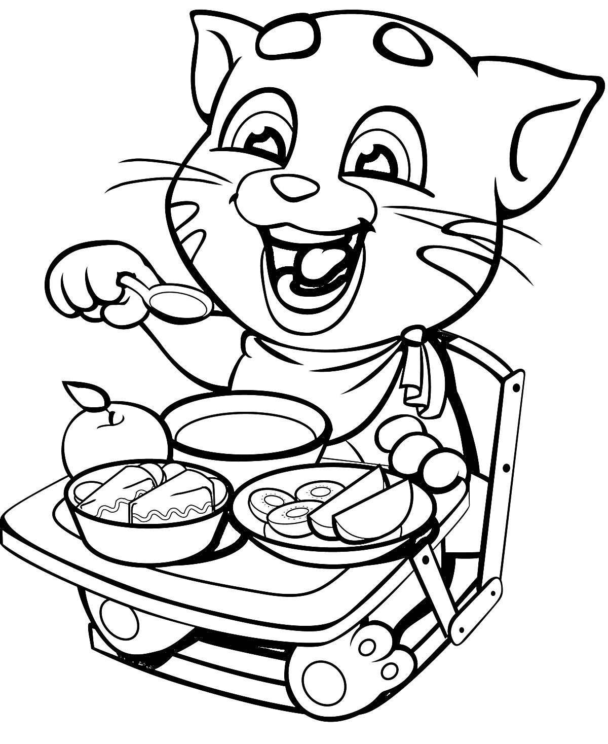 Раскраска Кот ест за столом, держа ложку, с яблоком, чашкой, тарелкой еды и кружкой на подносе.