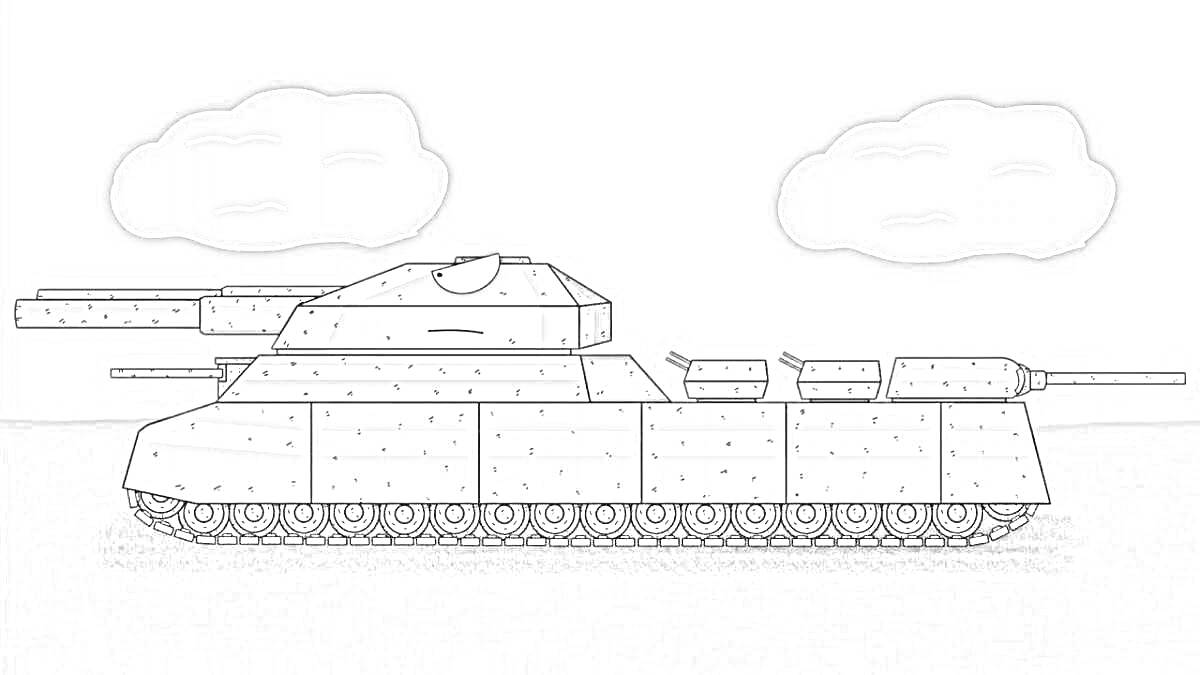 На раскраске изображено: Танк, Ратте, Оружие, Облака, Небо, Военная техника, Бронетехника