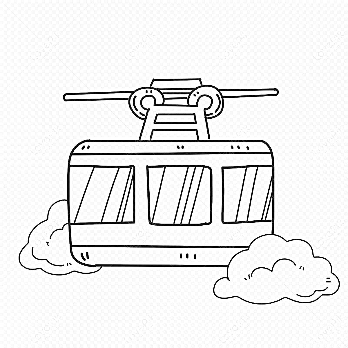 На раскраске изображено: Канатная дорога, Кабинка, Транспорт, Облака, Небо