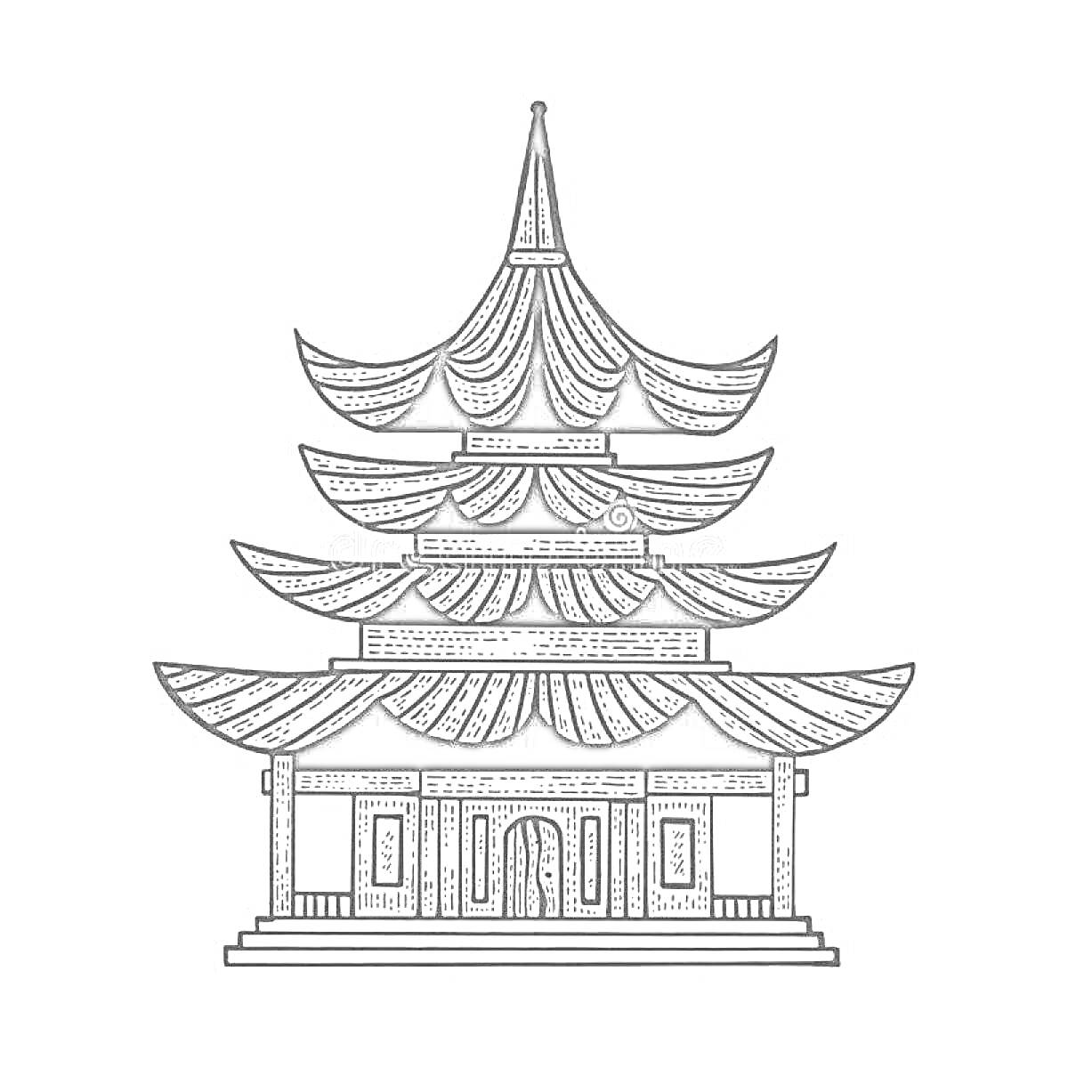 На раскраске изображено: Пагода, Колонны, Архитектура, Храм, Восточный стиль