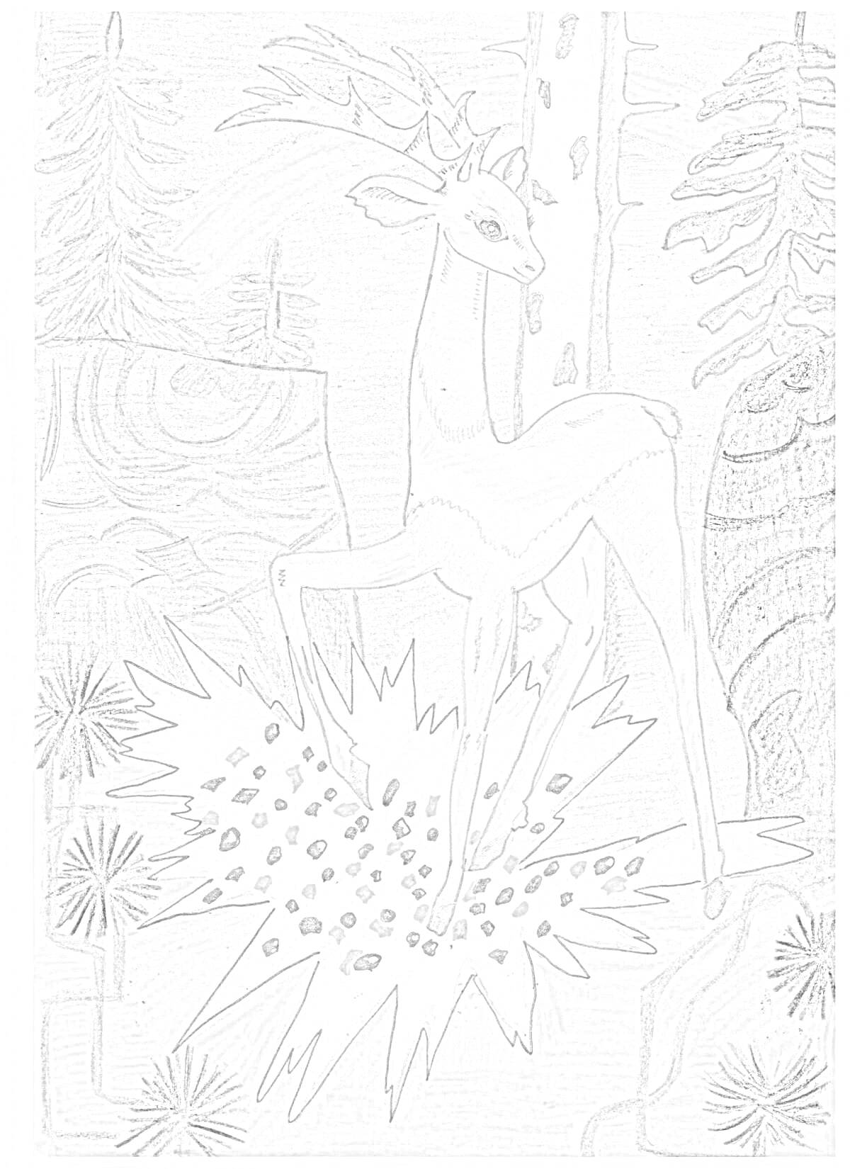 Раскраска Волшебный олень с серебряным копытцем среди леса и камней