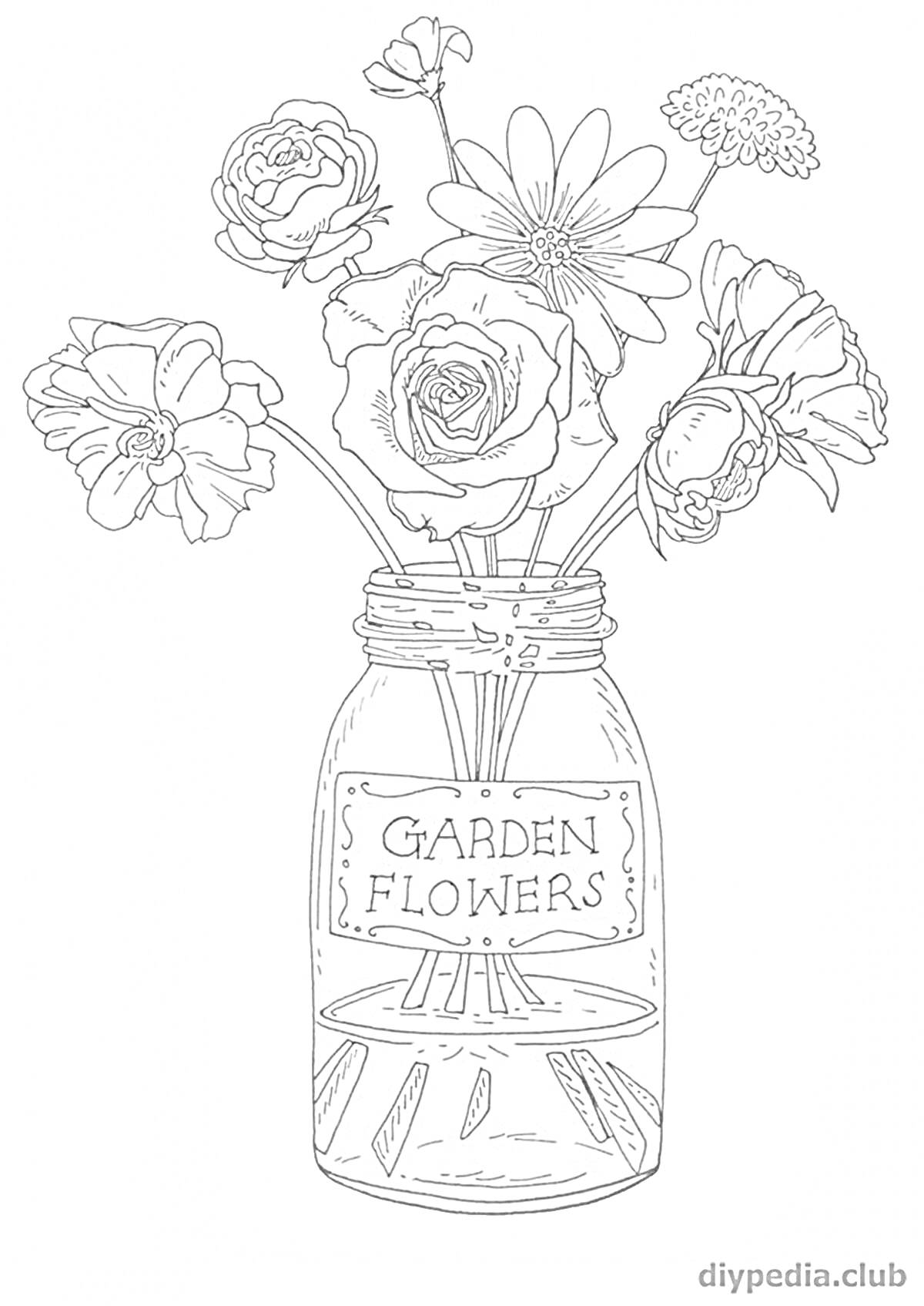 Раскраска Банка с надписью Garden Flowers и разные цветы