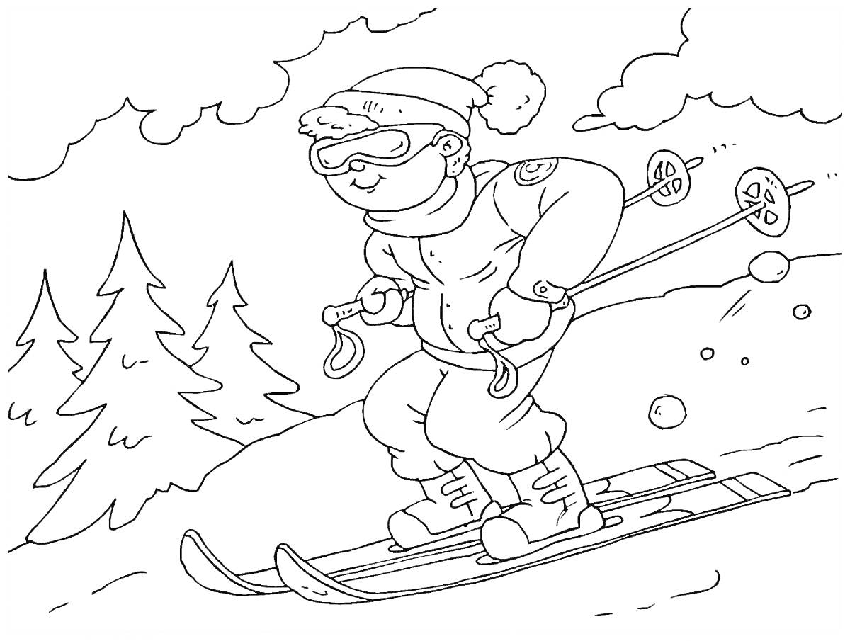 На раскраске изображено: Лыжник, Лыжи, Шапка, Очки, Лыжные палки, Деревья, Облака, Снег, Склон, Зима, Спорт, Зимний спорт