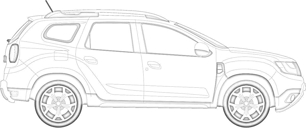 Раскраска Рено Дастер боковой вид с колесами, окнами, зеркалами, и антеннами