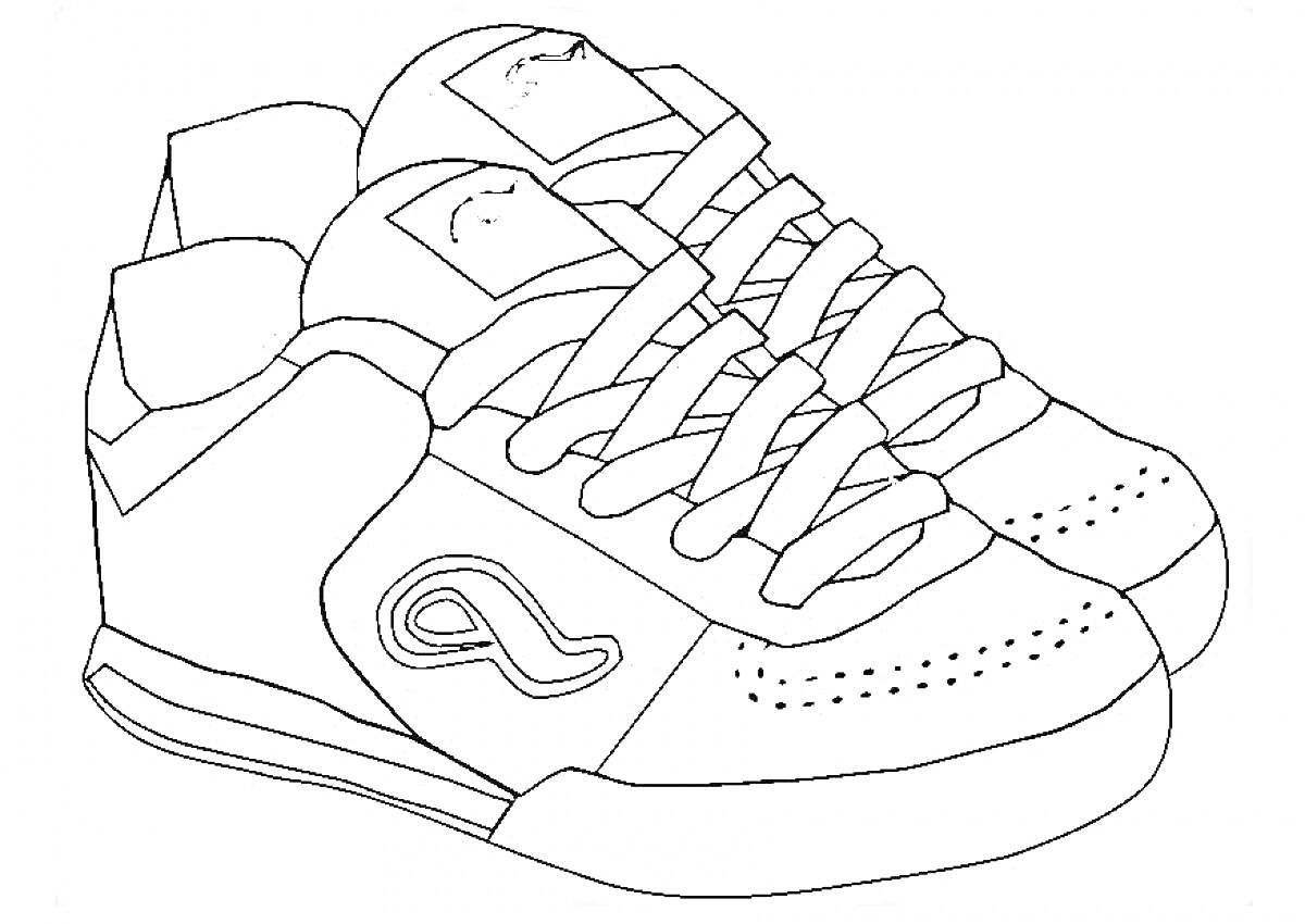 На раскраске изображено: Кроссовки, Обувь, Спорт, Шнурки, Бег, Активный отдых, Логотипы