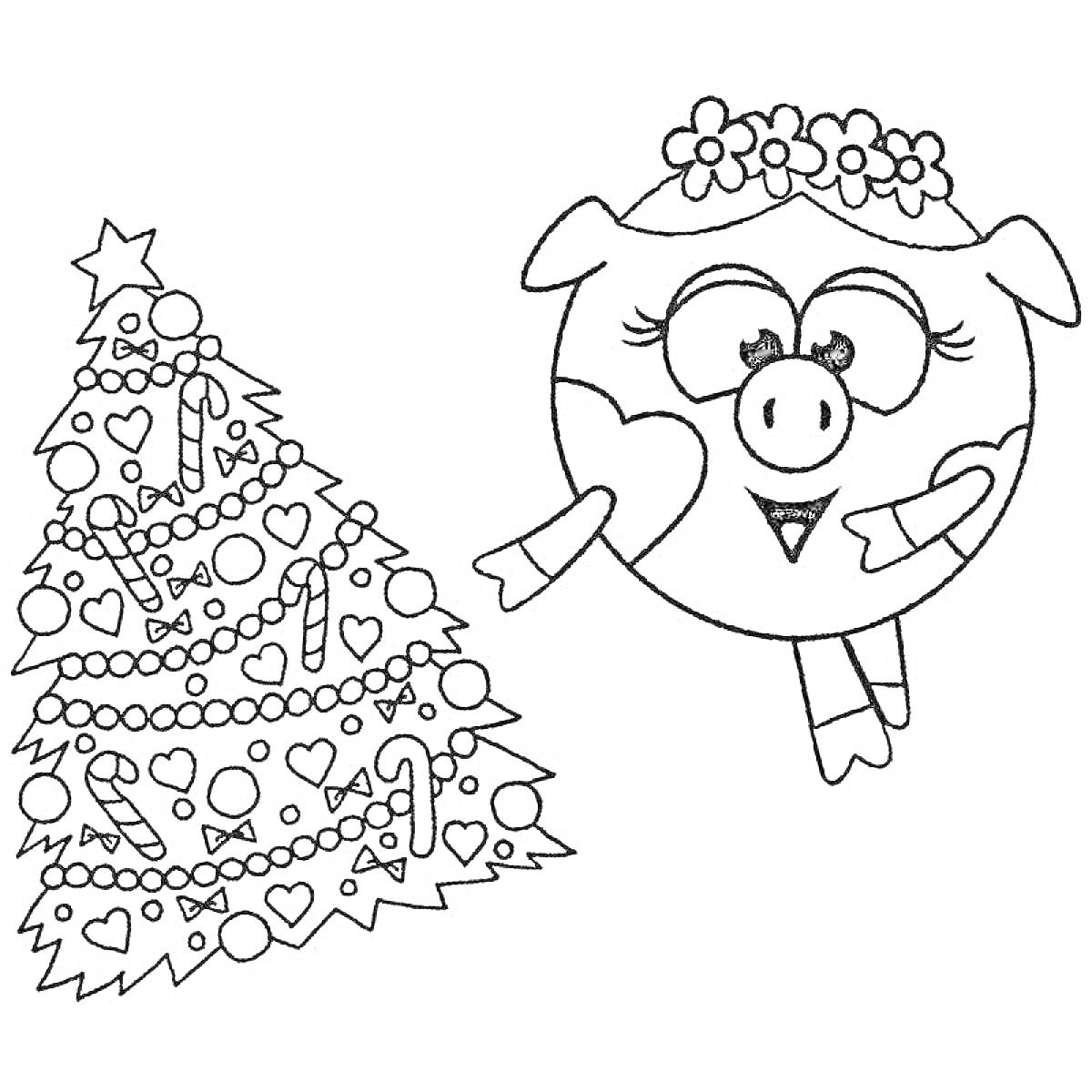 Раскраска раскраска новогодняя ёлка, украшенная сердечками и леденцами, и свинка из смешариков