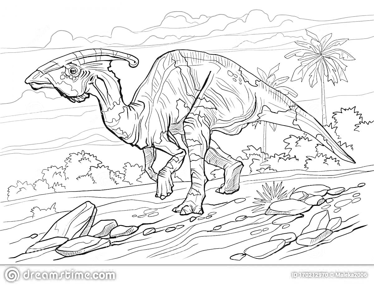Раскраска Паразауролоф в доисторическом ландшафте с деревьями, растительностью и камнями на земле.