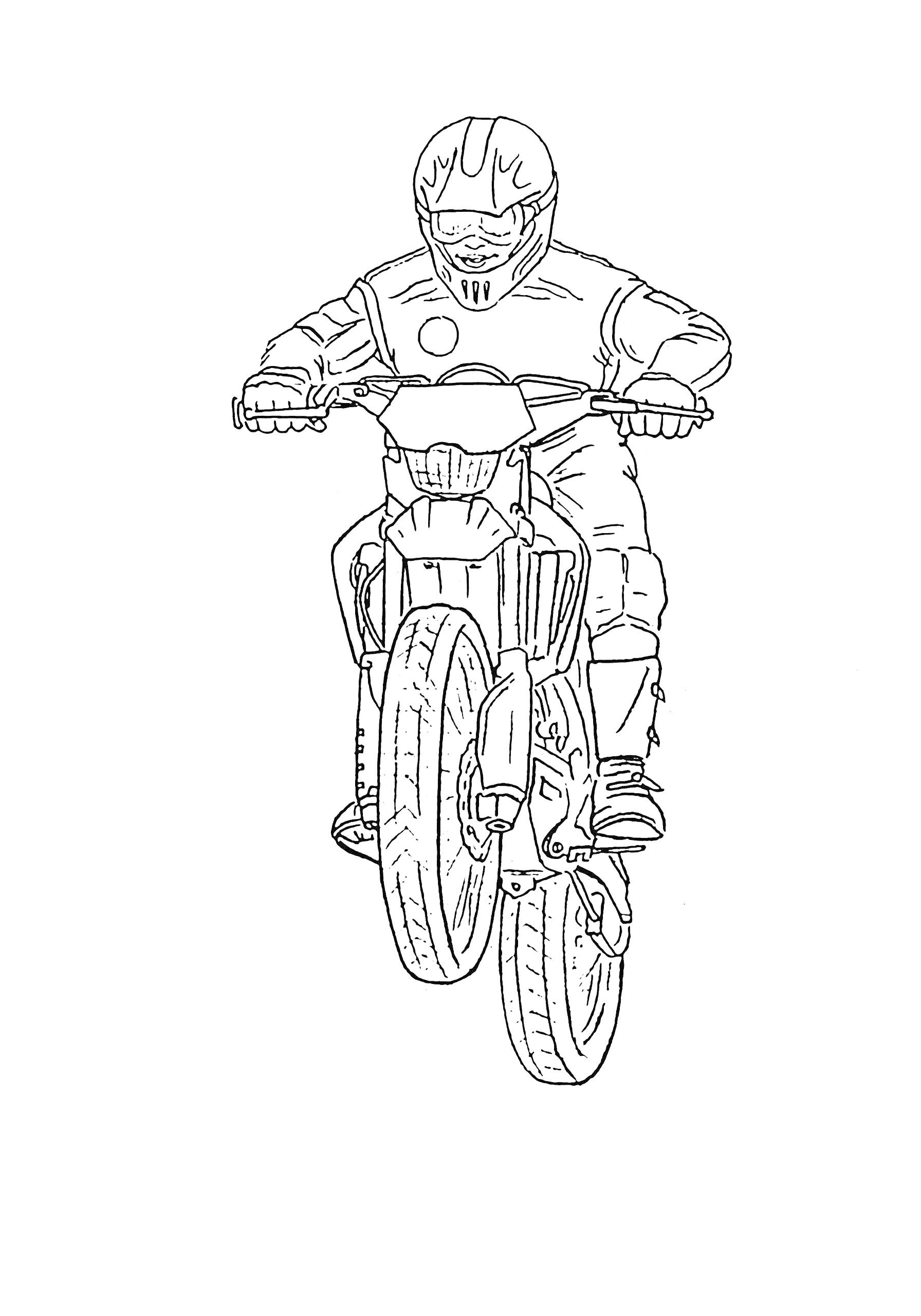 Человек на мотоцикле в спортивной экипировке, скачущий на переднем колесе