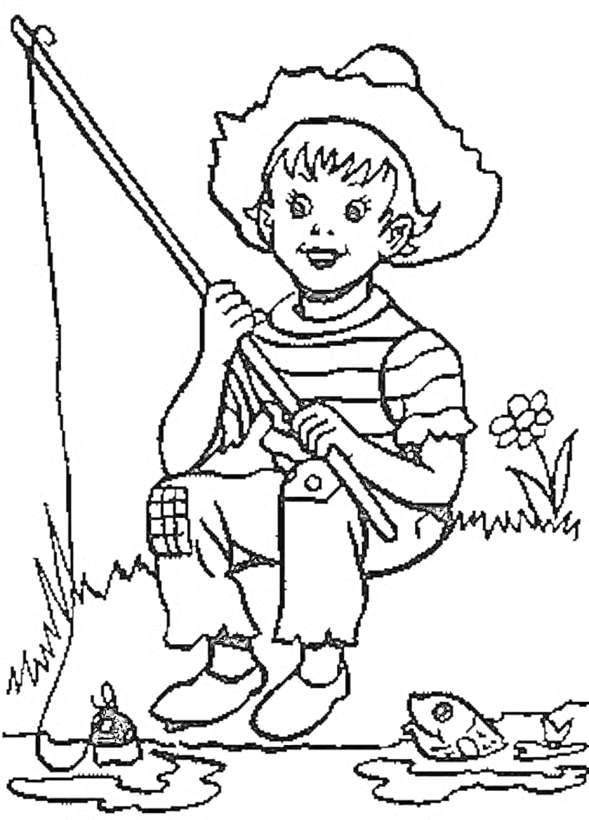 Раскраска Мальчик на рыбалке с удочкой, поймал рыбу, сидит на берегу, цветок и трава