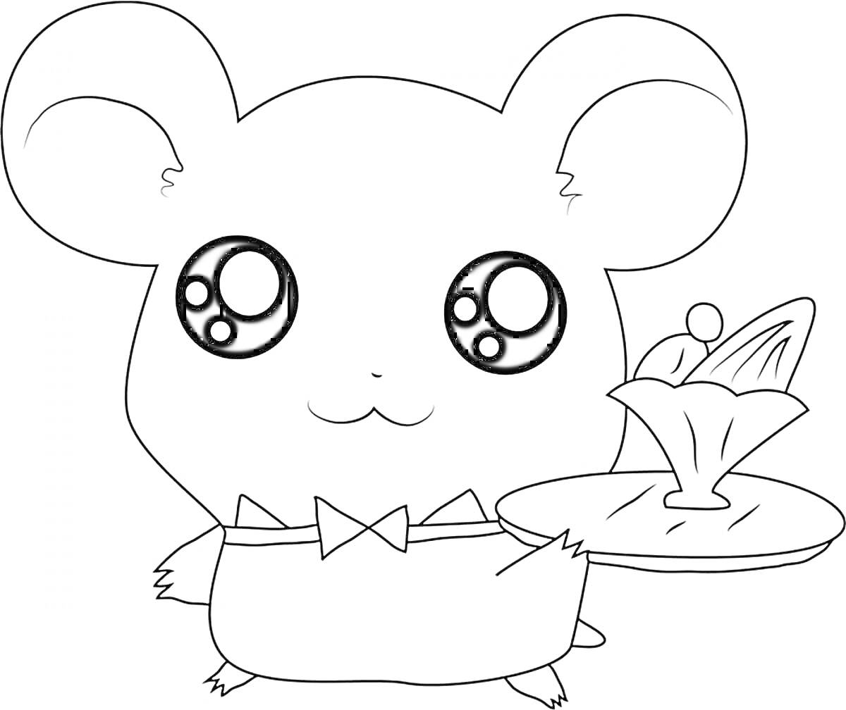 Раскраска мышонок с круглым ушами и большими глазами, который держит поднос с мороженым