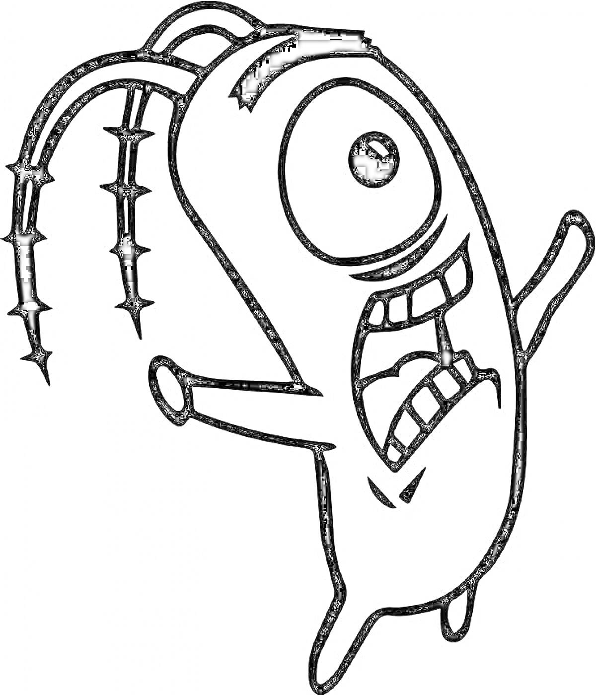мультяшный планктон с одним глазом и антеннами, открытый рот с зубами