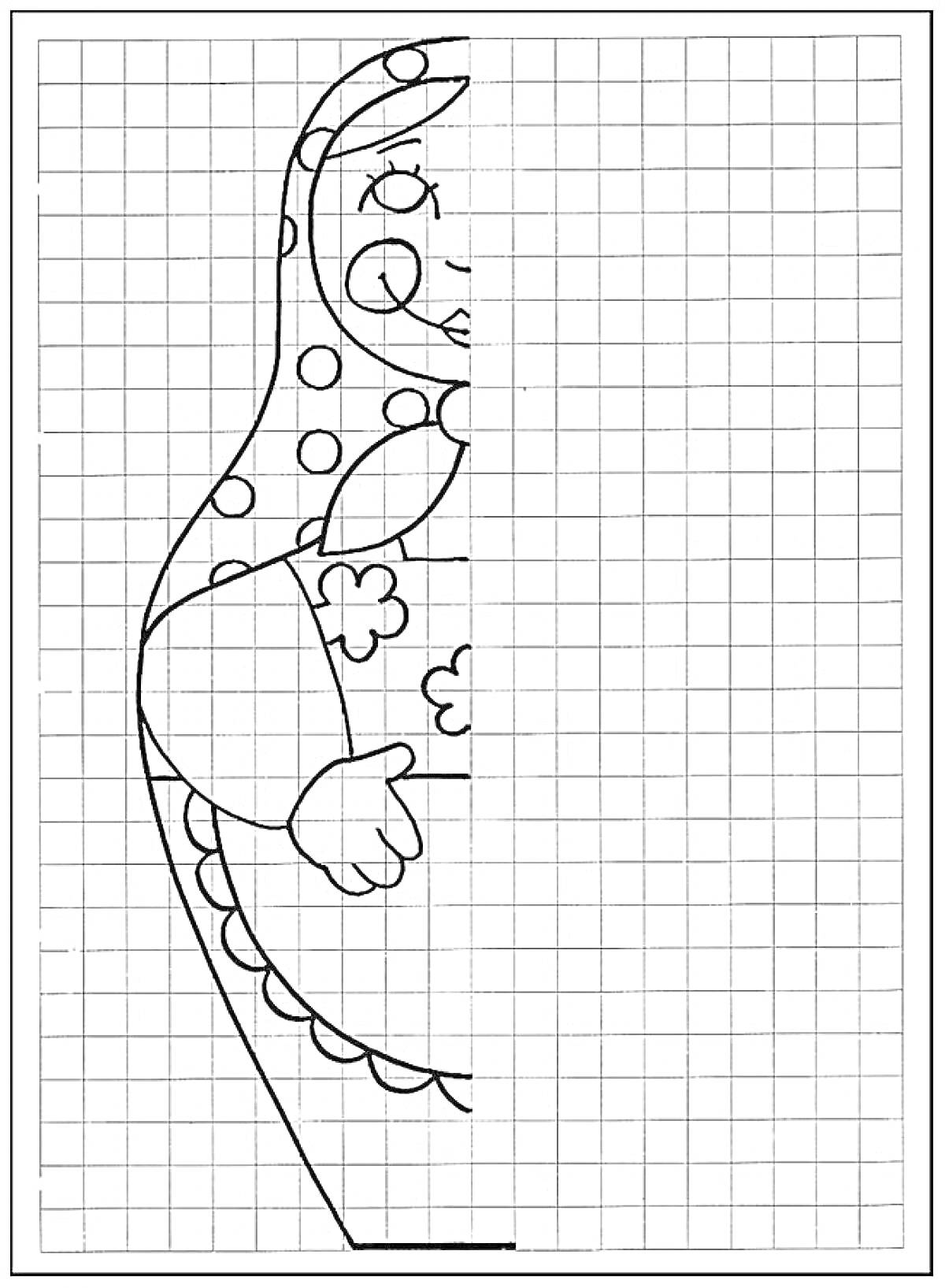 Раскраска дорисовка матрёшки по клеточкам, матрёшка с узорами и цветочным рисунком