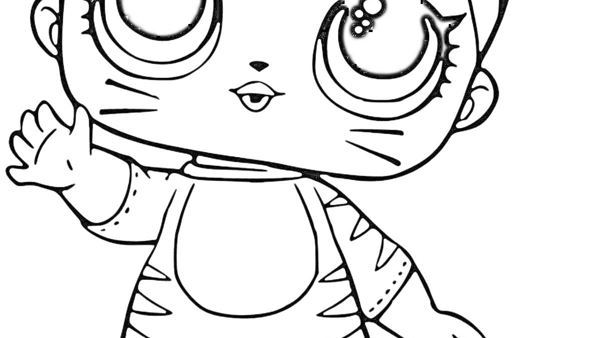 Раскраска Котик в костюме с большим глазами и поднятой лапкой