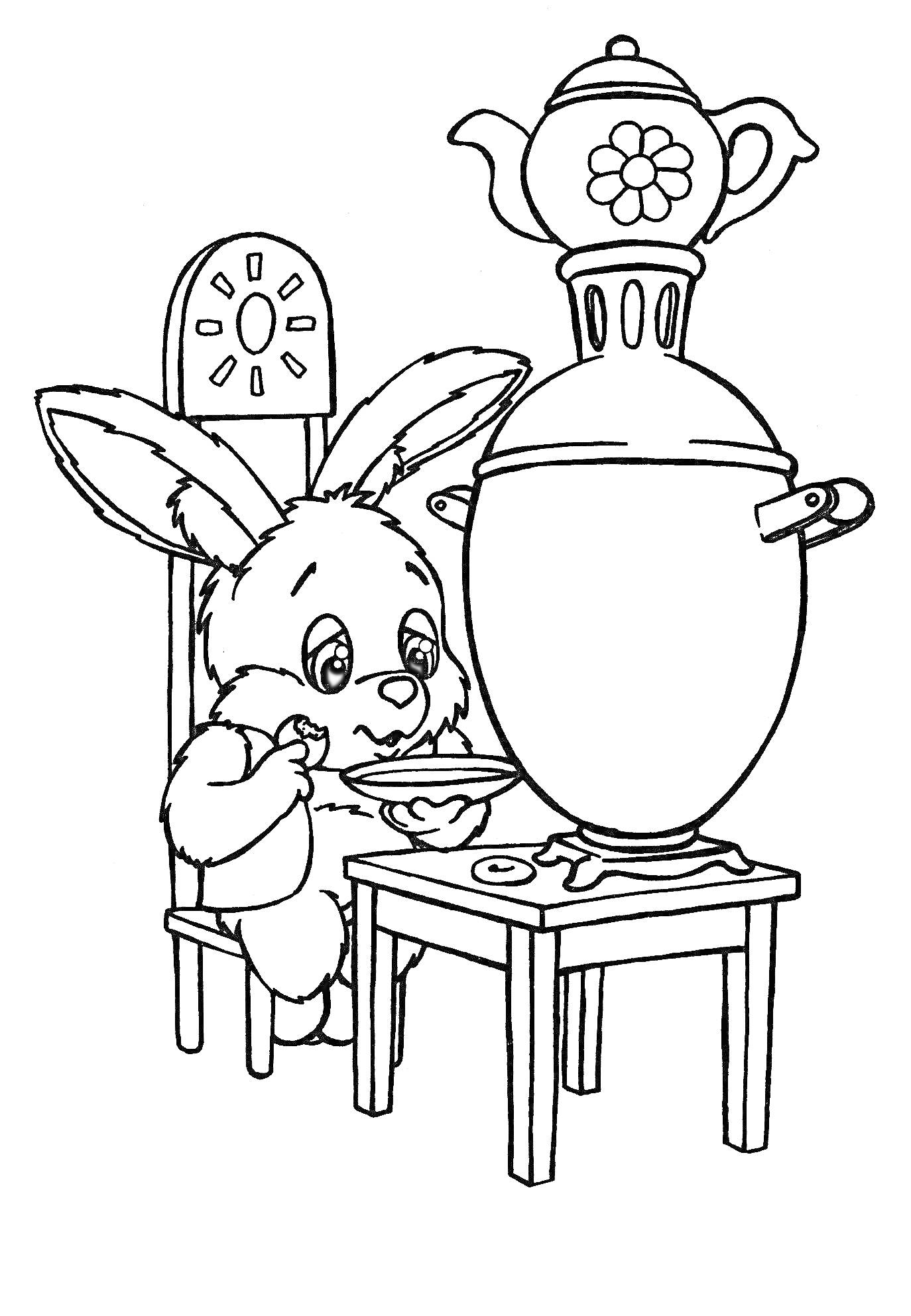 Раскраска Зайчонок за столом с самоваром и чашкой